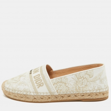 Pre Owned Dior White/Gold Embroidered Canvas Granville Espadrille Flats Size 38