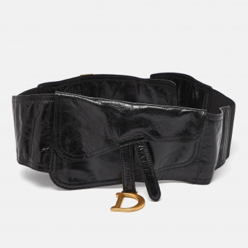 Pre Owned Dior Black Crinkled Leather and Stretch Band Saddle Belt 90 CM