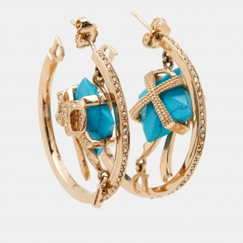 Pre Owned Dior Blue Stone Crystal Gold Tone Hoop Earrings