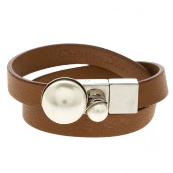 Pre Owned Dior Faux Pearl & Brown Leather Double Tour Bracelet S