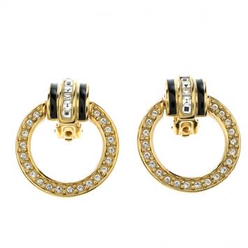 Pre Owned Dior Crystal Enamel Gold Tone Dangle Clip On Earrings