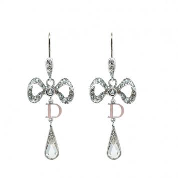 Pre Owned Dior Bow Crystal Enamel Silver Tone Dangle Hook Earrings