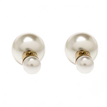 Pre Owned Dior Tribales Cream Faux Pearl Gold Tone Stud Earrings