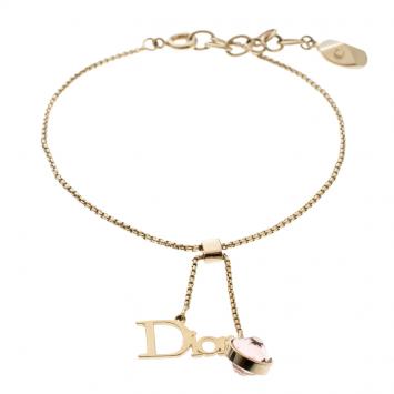 Pre Owned Dior by Dior Pink Crystal Gold Tone Charm Bracelet 