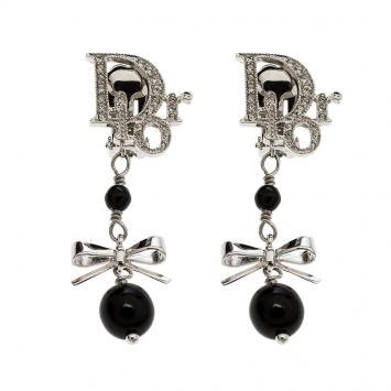 Pre Owned Dior Oblique Crystal Bow Silver Tone Clip-on Drop Earrings 