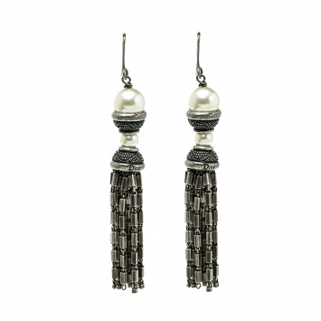 Pre Owned Dior Faux Pearl Silver Tone Tassel Dangle Hook Earrings 