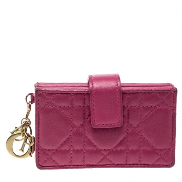 Pre Owned Dior Fuchsia Cannage Leather Gusset Card Holder
