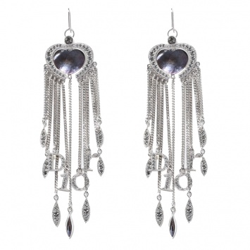 Pre Owned Dior Heart Crystal Embellished Silver Tone Long Tassel Hook Earrings 
