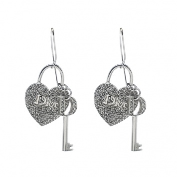 Pre Owned Dior Heart Lock & Key Charm Crystal Silver Tone Drop Hook Earrings