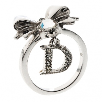 Pre Owned Dior Bow Crystal Embellished Silver Tone Ring