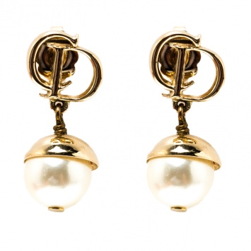 Pre Owned Dior Mise en Dior Faux Pearl Gold Tone Drop Earrings