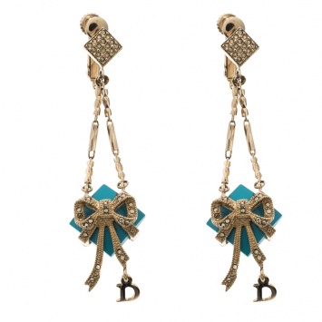 Pre Owned Dior Blue Stone Crystal Rose Gold Tone Long Earrings