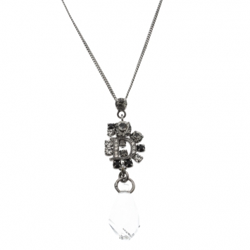 Pre Owned Dior Crystal Gunmetal Tone Pendant Necklace