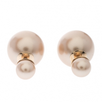 Pre Owned Dior Tribales Champagne Faux Pearl Gold Tone Stud Earrings