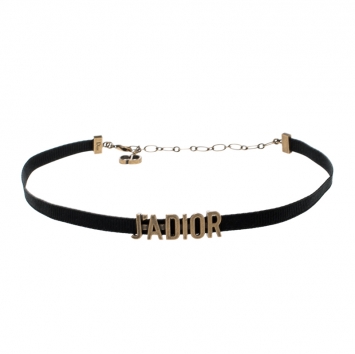 Pre Owned Dior J'Adior Black Ribbon Gold Tone Slide Pendant Choker Necklace