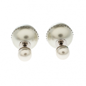 Pre Owned Dior Tribales Faux Pearl Crystal Embellished Silver Tone Earrings 