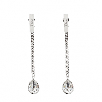 Pre Owned Dior Crystal Silver Tone Chain Long Clip-on Drop Earrings
