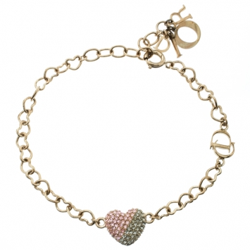 Pre Owned Dior Pink & Silver Crystal Studded Heart Gold Tone Charm Bracelet