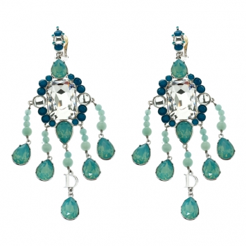 Pre Owned Dior Blue Crystal Embellished Silver Tone Clip-on Long Earrings