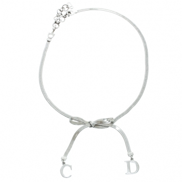 Pre Owned Dior Bow CD charm Silver Tone Snake Chain Necklace