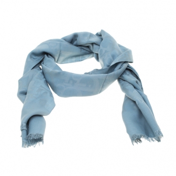 Pre Owned Dior Blue Silk and Wool Diorissimo Patterned Fringed Edge Scarf