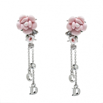 Pre Owned Dior Crystal Embellished Rose Dangle Clip On Earrings