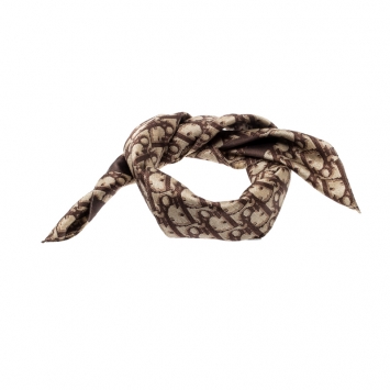 Pre Owned Dior Vintage Brown Logo Printed Silk and Cotton Trotter Square Scarf