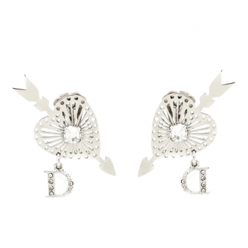 Pre Owned Dior Heart and Arrow Crystal Silver Tone Clip-on Drop Earrings