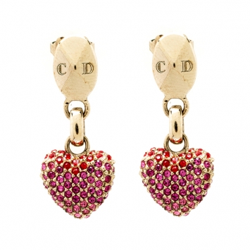 Pre Owned Dior Shaded Pink Crystal Gold Tone Heart Drop Earrings