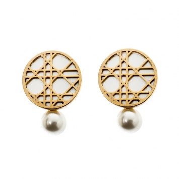 Pre Owned Dior Cannage Faux Pearl Gold Tone Clip-on Stud Earrings