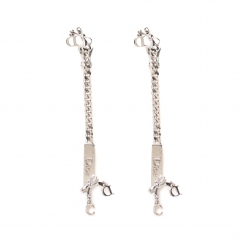 Pre Owned Dior Bow Chain Tag Silver Tone Clip-on Dangle Earrings