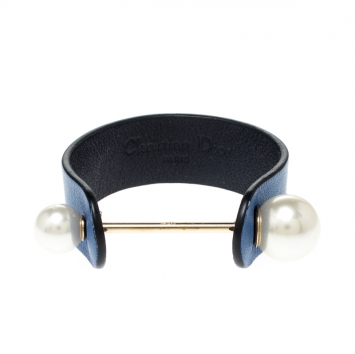 Pre Owned Dior Perle Blue Leather & Faux Pearl Cuff Bracelet S