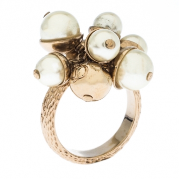Pre Owned Dior Mise en Dior Faux Pearl Gold Tone Ring Size 56