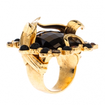 Pre Owned Dior Gold Tone Smoky Quartz Crystal Cocktail Ring 58