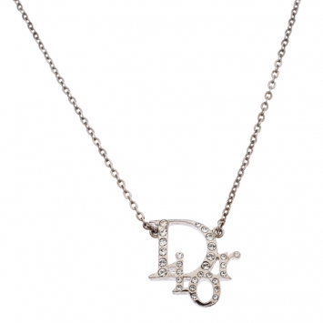 Pre Owned Dior Silver Tone Crystal Accented Logo Pendant Necklace
