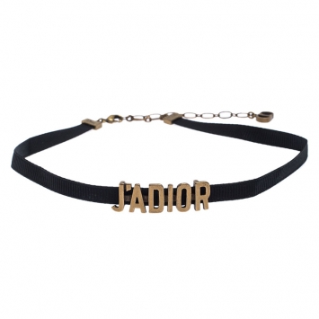 Pre Owned Dior J'Adior Black Ribbon Gold Tone Slide Pendant Choker Necklace