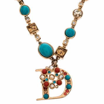 Pre Owned Dior Gold Tone Crystal Two Tone Beads Embellished D Pendant Necklace