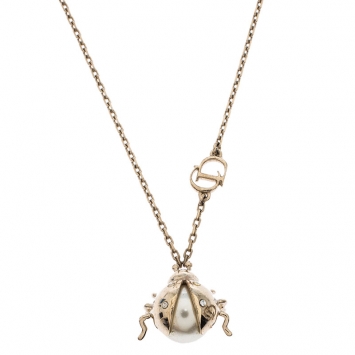 Pre Owned Dior Crystal Faux Pearl Lady Bug Gold Tone Pendant Necklace