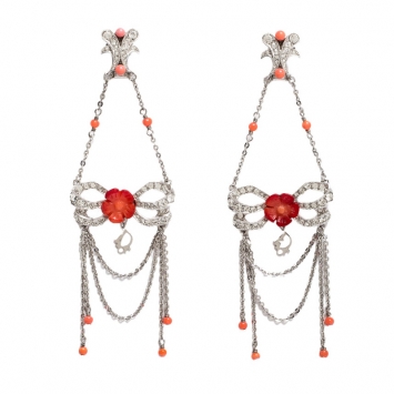 Pre Owned Dior Silver Tone/Red Crystal Embellished Butterfly Drop Earrings