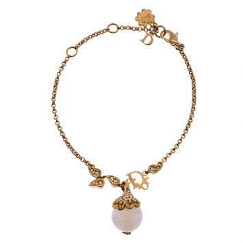 Pre Owned Dior Gold Tone Crystal Tumbled Rose Quartz Pendant Bracelet