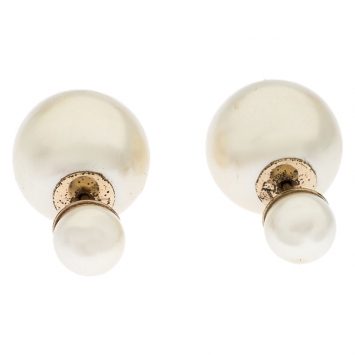 Pre Owned Dior Tribales Cream Faux Pearl Gold Tone Stud Earrings