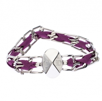 Pre Owned Dior Purple Ribbon Woven Chain Link Silver Tone Magnetic Bracelet