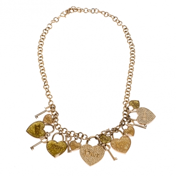 Pre Owned Dior Crystal Heart and Key Charm Gold Tone Choker Necklace