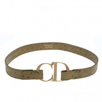 Pre Owned Dior Olive Green Ostrich Embossed Leather CD Buckle Belt 75CM