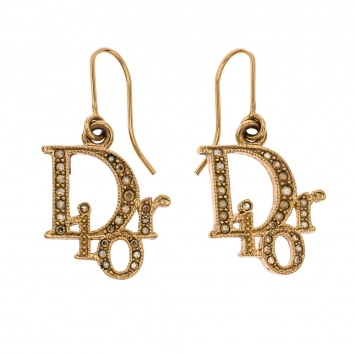 Pre Owned Dior Gold Tone Crystal Embellished Logo Hoop Earrings