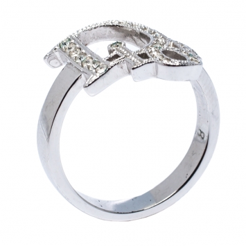 Pre Owned Dior Silver Tone Crystal Logo Ring Size EU 57