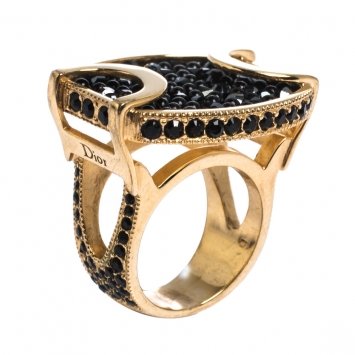 Pre Owned Dior Black Crystal Studded Gold Tone Cocktail Ring Size 52