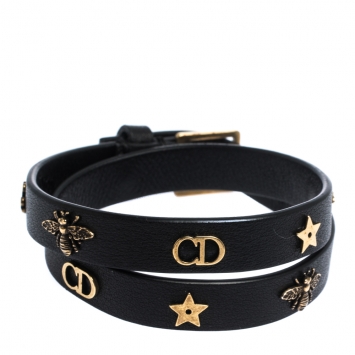 Pre Owned Dior Black Leather Gold Tone Motif Double Wrap Bracelet