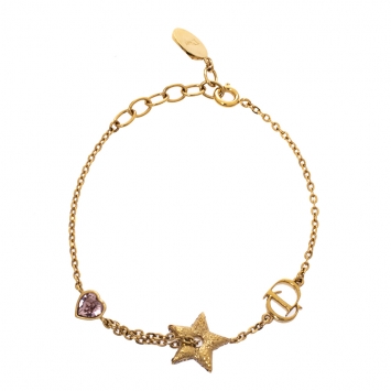 Pre Owned Dior Crystal Heart Star Charm Gold Tone Bracelet 