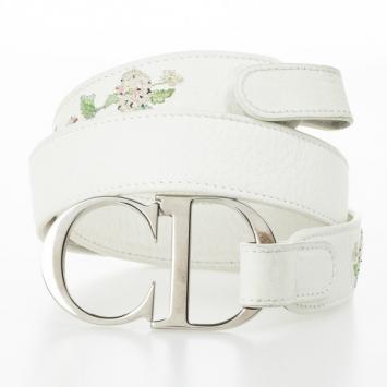 Pre Owned Dior White Leather 'CD' Logo Belt 85 CM